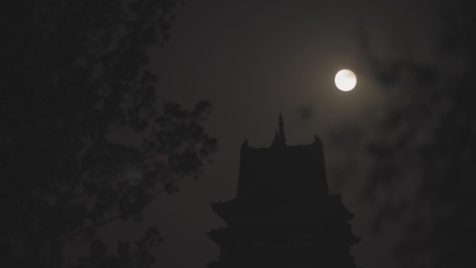 实拍十五的月亮-夜晚古建筑-月亮月圆之夜