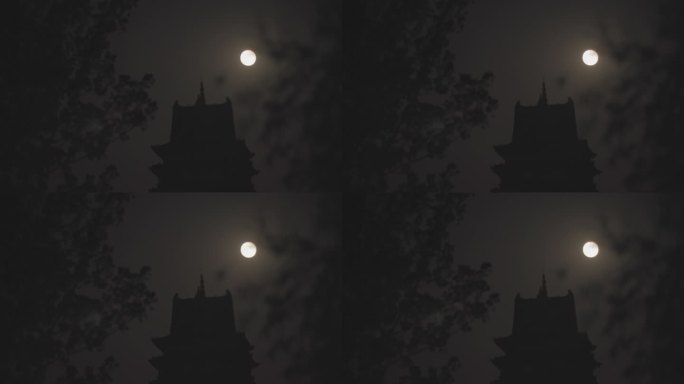实拍十五的月亮-夜晚古建筑-月亮月圆之夜