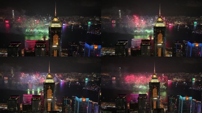 航拍香港烟花中环广场做前景