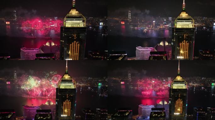 航拍香港烟花中环广场做前景