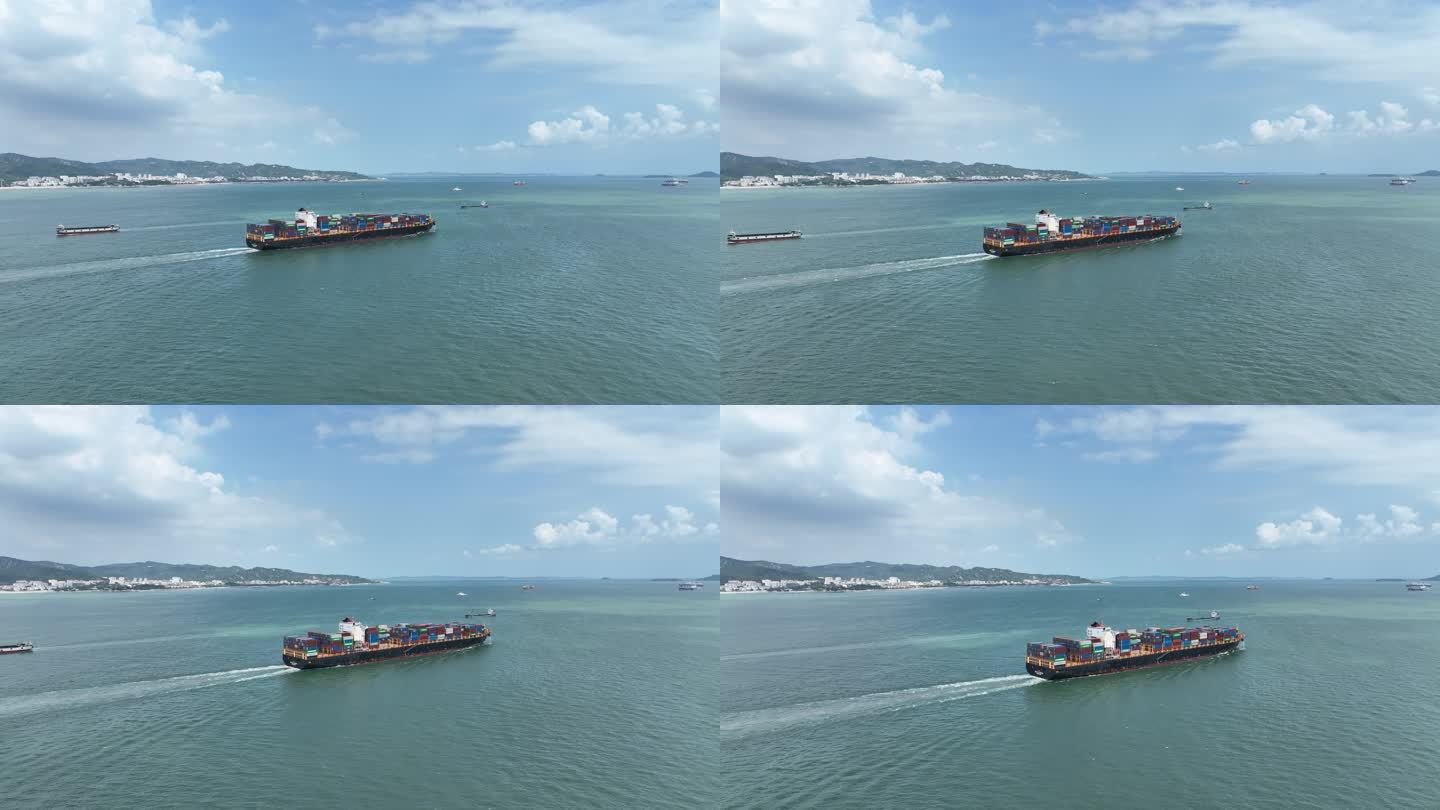 集装箱货轮航拍海上轮船行驶海洋运输航行