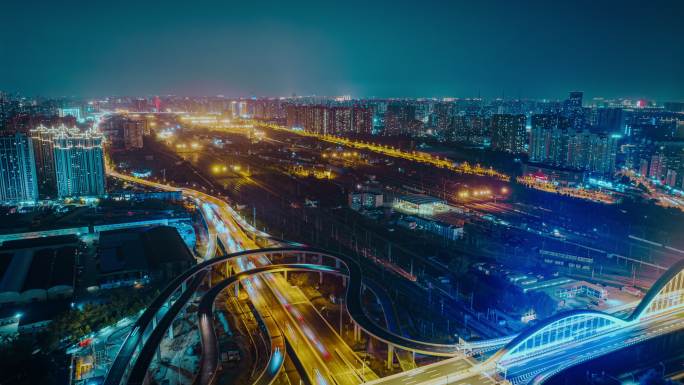郑州铁路北站京广快速路夜景航拍延时摄影