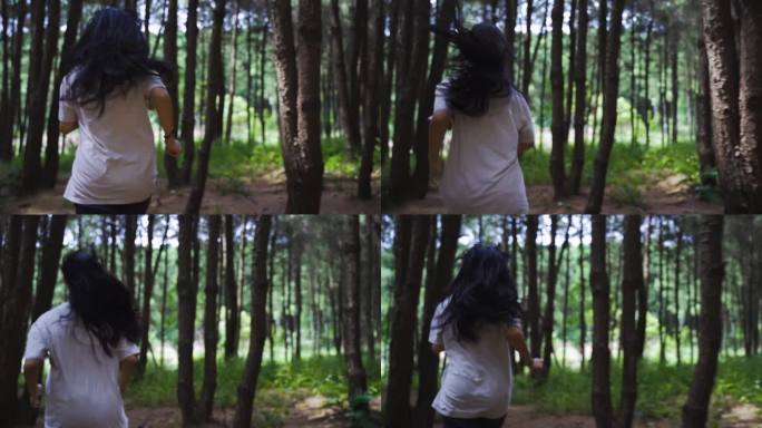 美女在森林里奔跑-森林阳光背影
