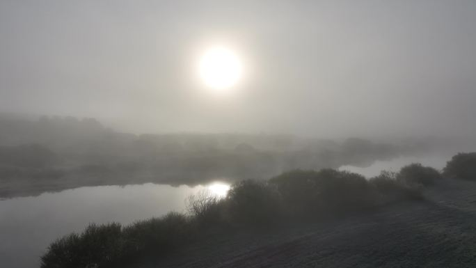 多伦京北多伦湖航拍秋天多雾景区航拍