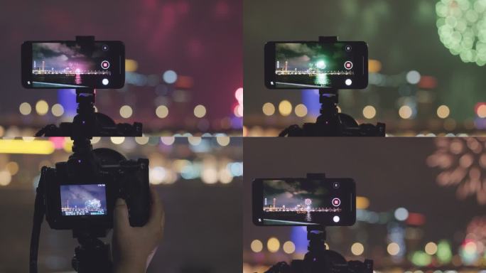 4K 相机屏幕手机屏幕 节日拍摄烟花的人