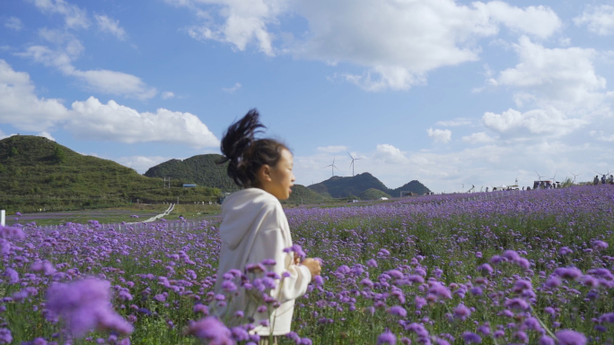 小女孩在花海奔跑，追逐 穿过花丛