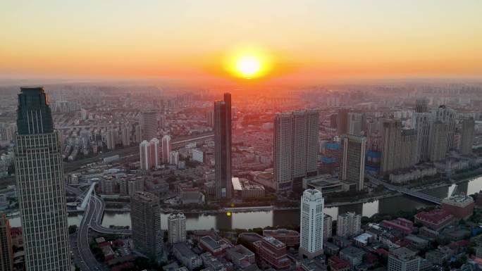 城市太阳升起 城市风光  旭日 4K