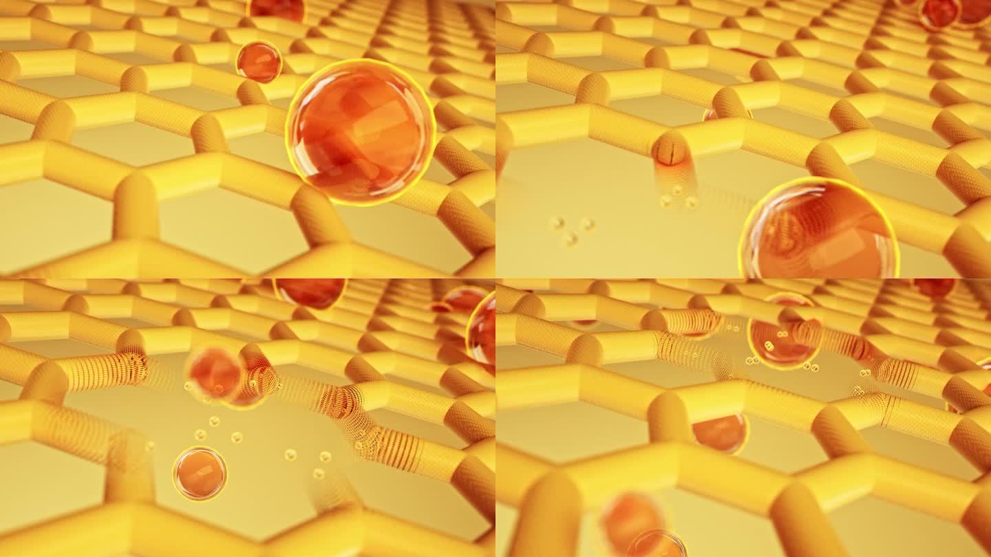 微观金色玻璃分子球渗透六边形蜂窝层