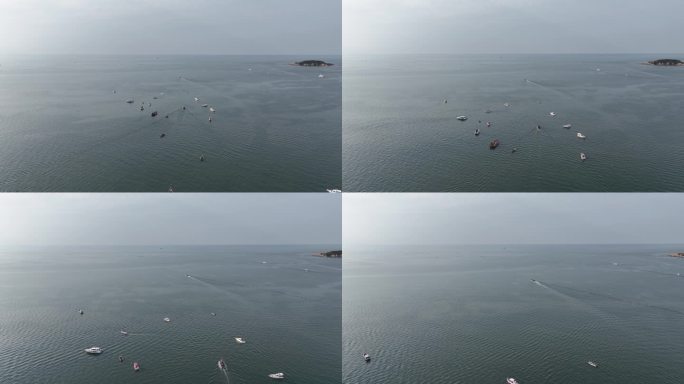 航拍威海市高新区小石岛西侧海面上的钓鱼船