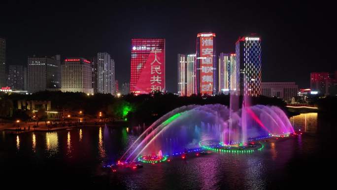 4k音乐喷泉与城市夜景