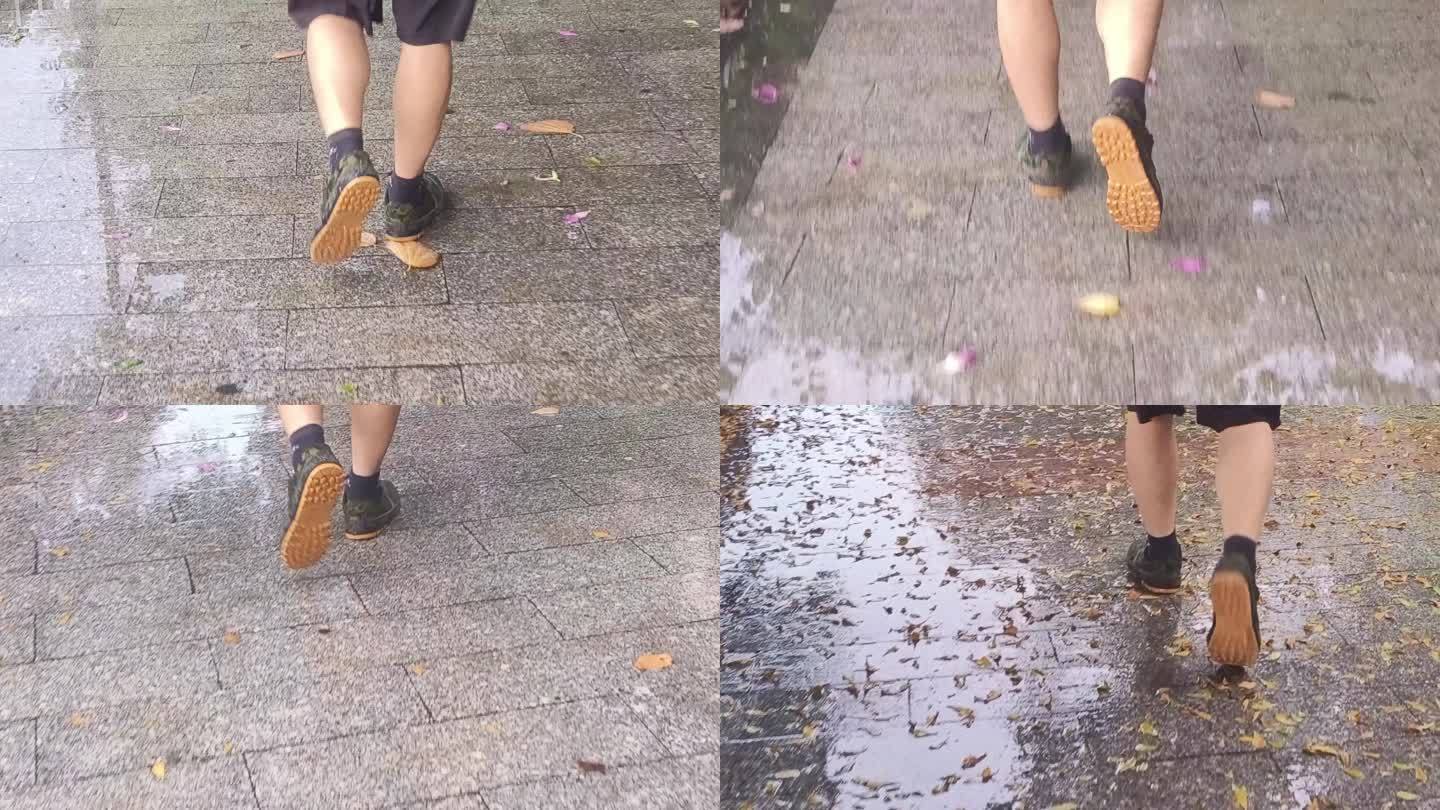 街道步行湿鞋城市街道潮湿人脚特写冒雨走路