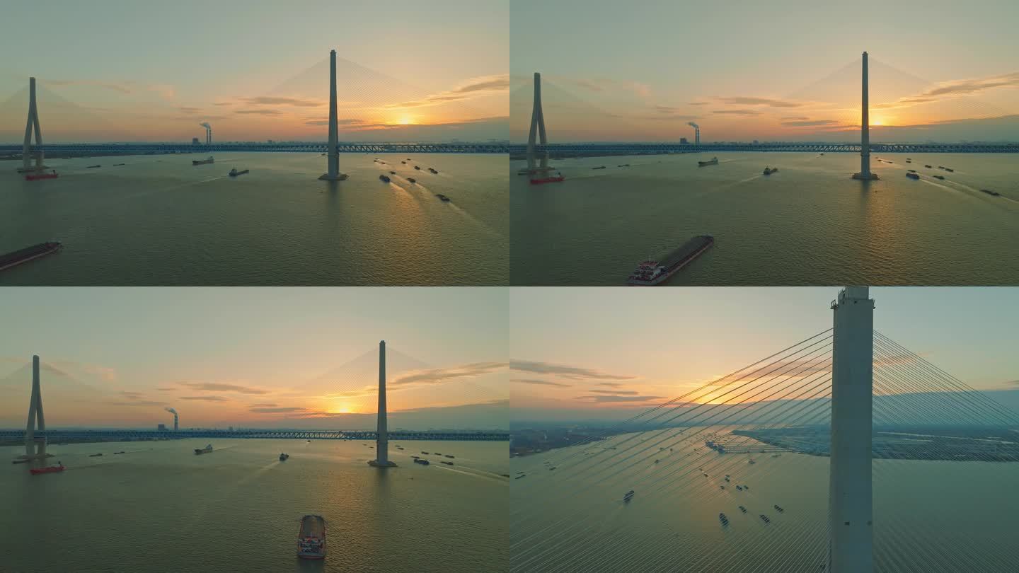 夕阳下美丽壮观的长江铁路大桥航拍4K