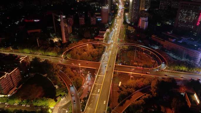 湖北武汉城市地标夜晚夜景航拍车流交通城市