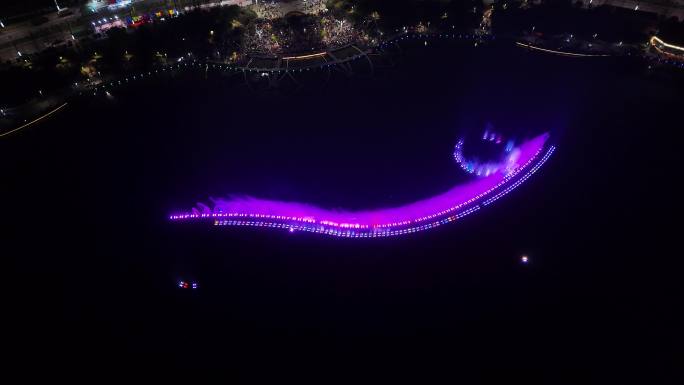 河南郑州航空港区双鹤湖音乐喷泉夜景航拍