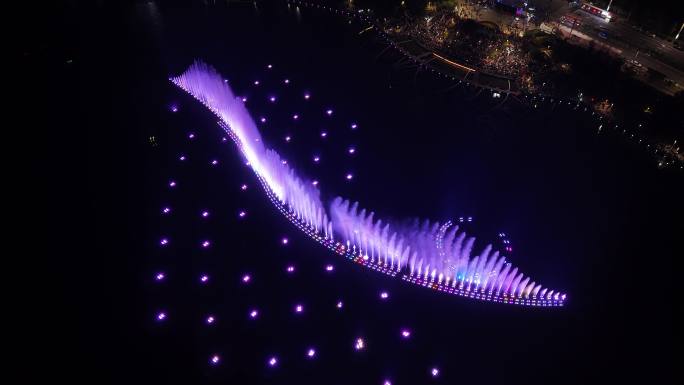 河南郑州航空港区双鹤湖音乐喷泉夜景航拍