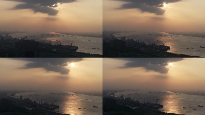 无锡江阴夕阳下的长江港口码头风景航拍