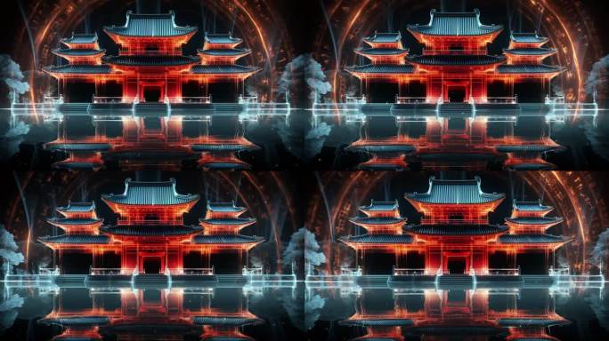 西湖中国风建筑投影全息荧光线条大屏背景