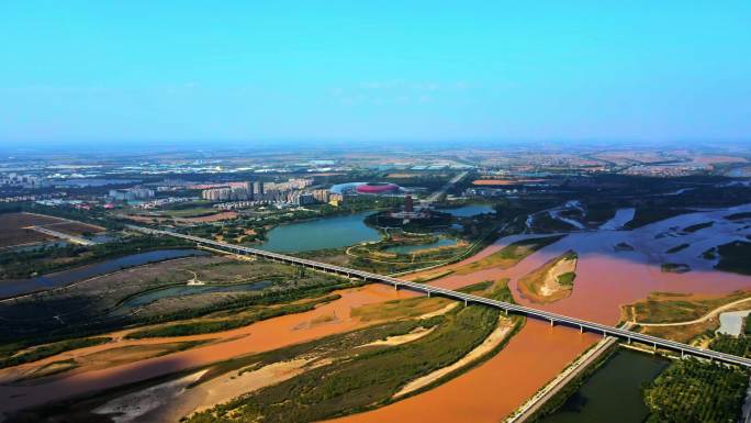 黄河平原航拍-生态建设大桥河流湿地城市