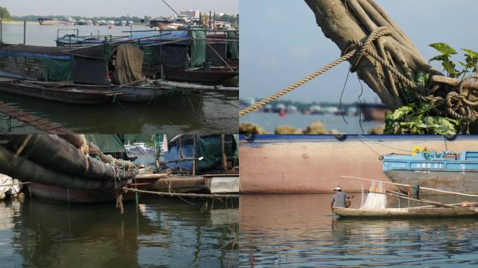江边渔船，渔民捕鱼，氛围空镜