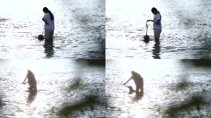 女孩在逆光的水里遛狗