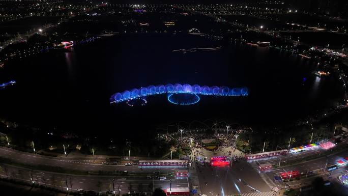 河南郑州航空港区双鹤湖音乐喷泉夜景航拍