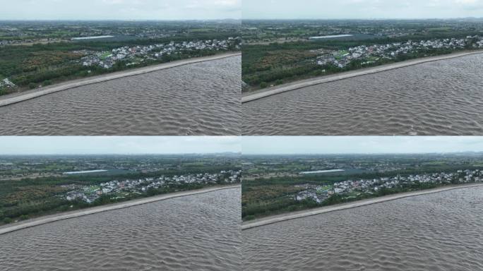 航拍浙江杭州嘉兴钱塘江涨潮海塘堤坝新农村