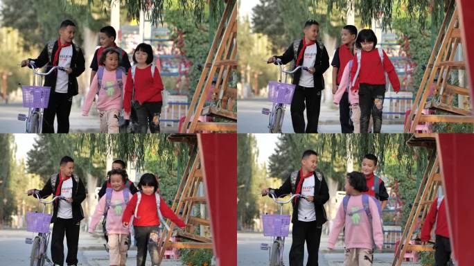 维吾尔族小朋友蹦蹦跳跳去上学