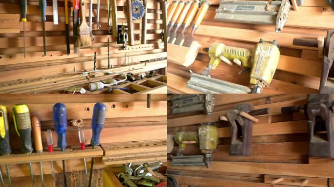 木匠工具，挂满工具的架子，各种工具