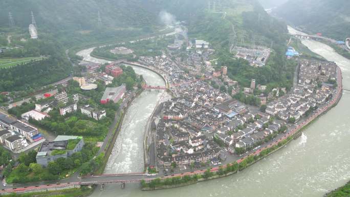 航拍四川汶川映秀古镇灾后重建5A级景区