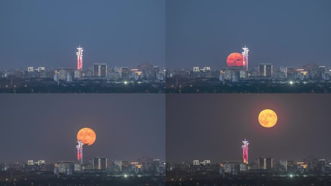 北京中秋圆月升奥林匹克塔