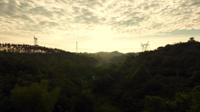 航拍粤西乡村丘岭电塔日出日落早晨