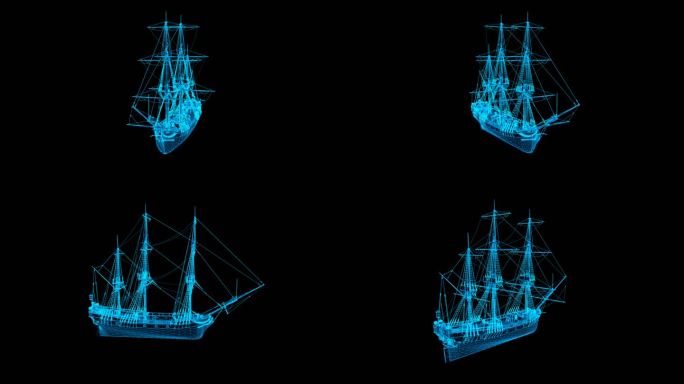 蓝色线框全息欧式古船素材带通道