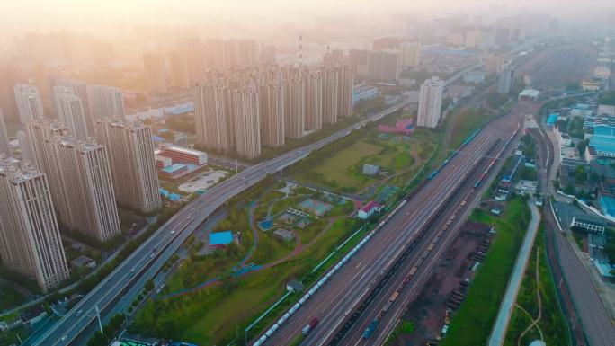 航拍郑州铁路北站晨曦