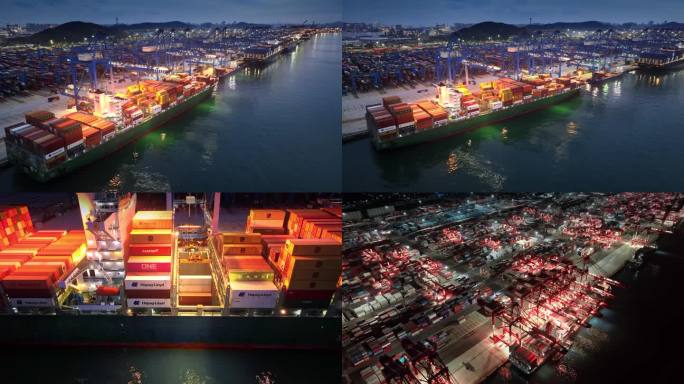 青岛港航拍素材港口货轮夜景