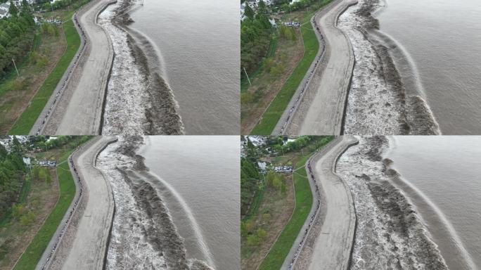 浙江杭州嘉兴海塘堤坝钱江潮钱塘江航拍素材