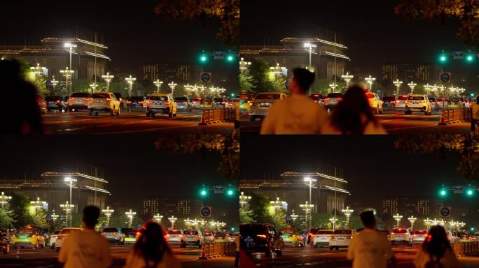 夜晚的北京长安街街景车辆自行车路人实拍