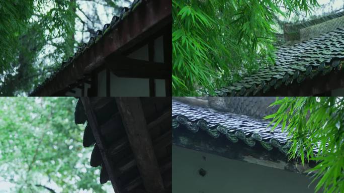 古建筑竹林屋檐下雨
