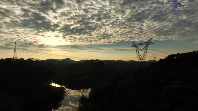 航拍粤西乡村丘岭电塔日出日落早晨