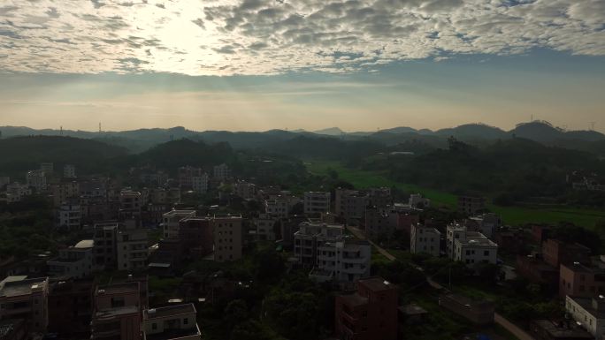 航拍粤西乡村住房屋日出日落早晨