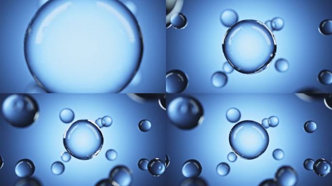 微观蓝色背景中的水分子细胞融合