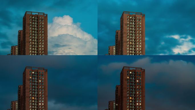城市居民楼晚霞云朵日转夜空镜延时摄影