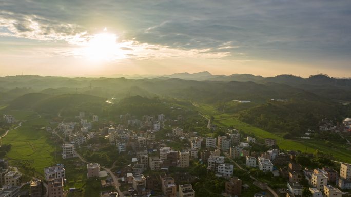 航拍粤西地区乡村延时美丽乡村早晨