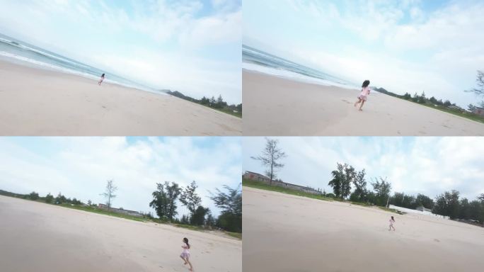 穿越机fpv航拍海边沙滩小女孩跑步海岸线