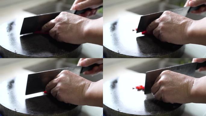 4K实拍，南方家庭切红色辣椒圈红色小米椒