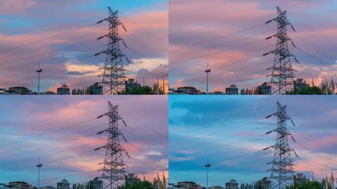 日落晚霞云彩下的电塔延时摄影