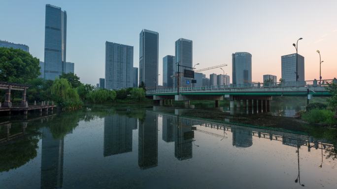 杭州余杭城市CBD高楼大厦EFC日出延时