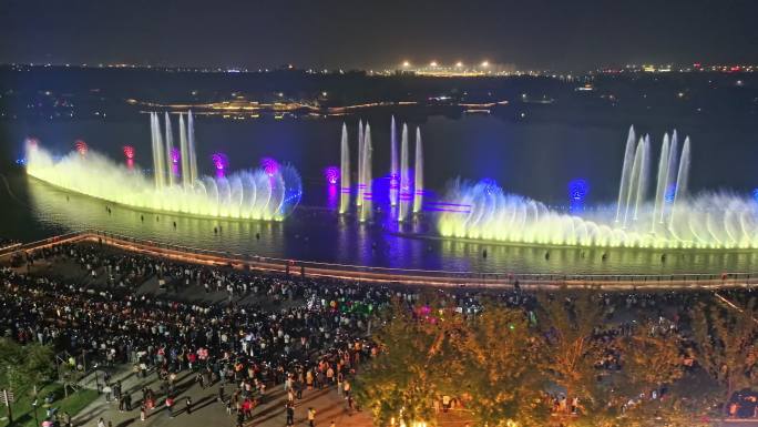 淄博孝妇河音乐喷泉航拍夜景