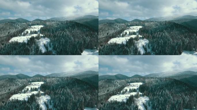 乌克兰喀尔巴阡山脉冬雪针叶林航拍。