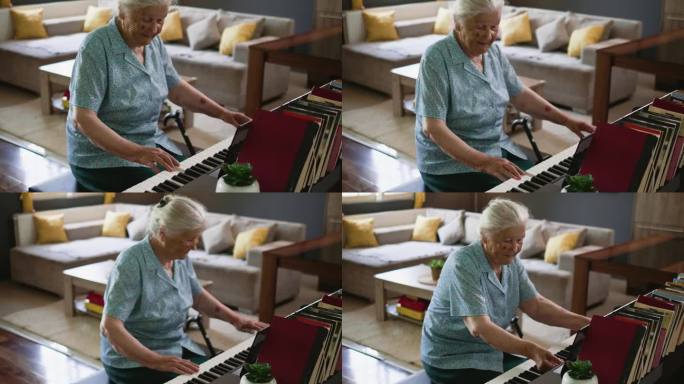 一位80年代的老妇人弹奏完钢琴后合上钢琴