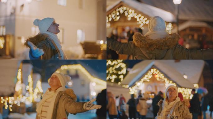 SLO - MO相机围绕圣诞市场上一个快乐的女人旋转
